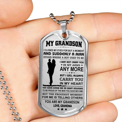 Grandmother Dog Tag, Custom Picture Grandma Giving Grandson You Are My Grandson Dog Tag Military Chain Necklace Dog Tag Gifts for Grandmother Rakva