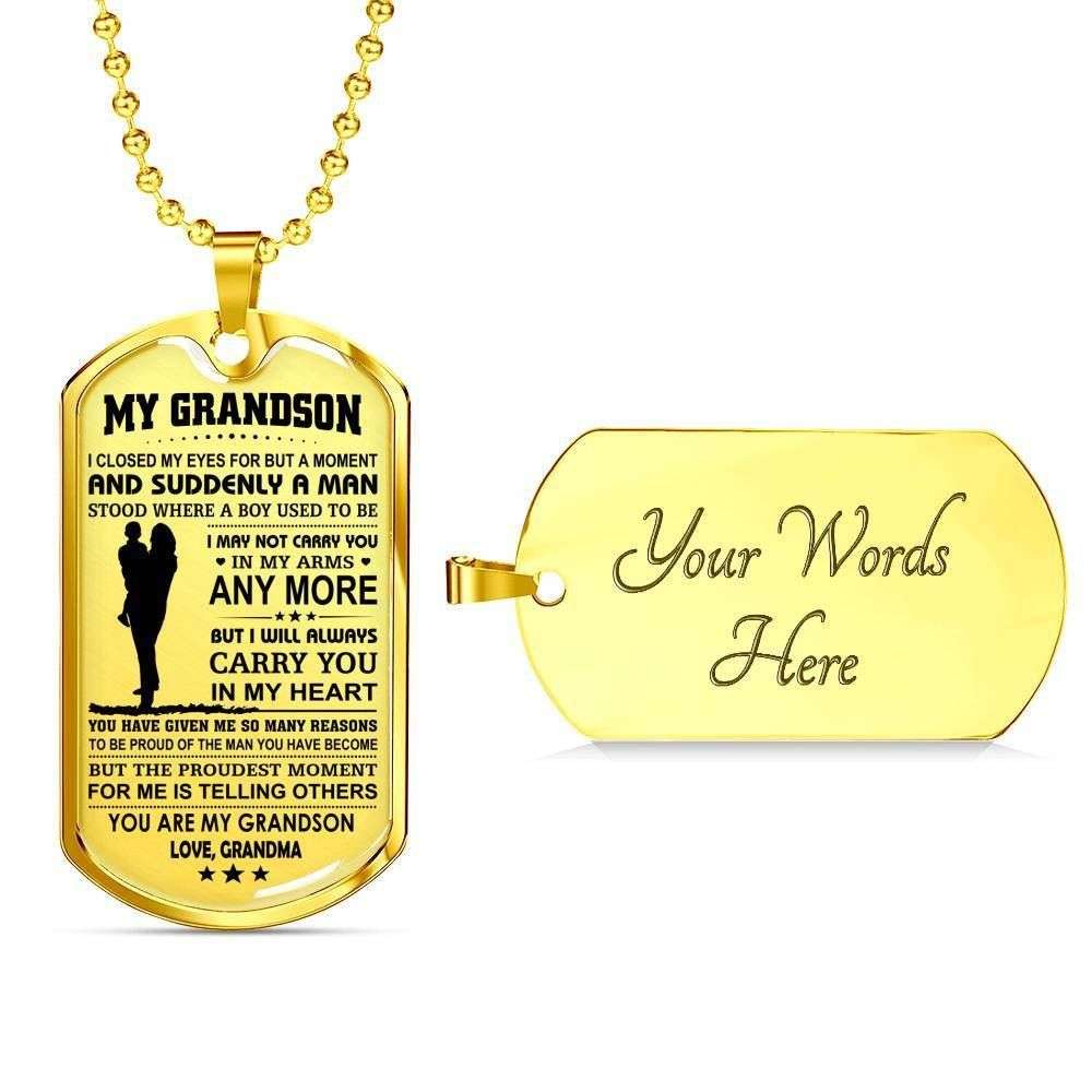 Grandmother Dog Tag, Custom Picture Grandma Giving Grandson You Are My Grandson Dog Tag Military Chain Necklace Dog Tag Gifts for Grandmother Rakva