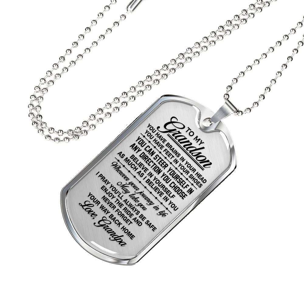Grandson Dog Tag, Custom Gift For Grandson Dog Tag Military Chain Necklace Never Forget Your Way Back Home Dog Tag Gifts for Grandson Rakva