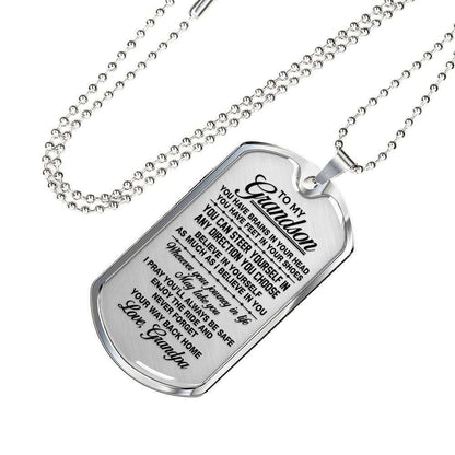 Grandson Dog Tag, Custom Picture Gift For Grandson Dog Tag Military Chain Necklace Never Forget Your Way Back Home Dog Tag Gifts for Grandson Rakva