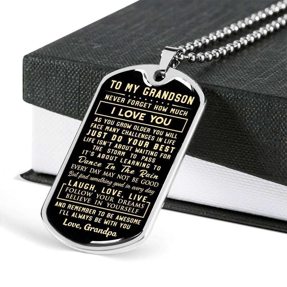 Grandson Dog Tag, Custom Picture Laugh Love Live Follow Your Dream Dog Tag Military Chain Necklace Grandpa Giving Grandson Gifts for Grandson Rakva