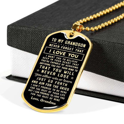 Grandson Dog Tag Custom Picture, Never Forget That I Love You Dog Tag Military Chain Necklace Giving Grandson Gifts for Grandson Rakva