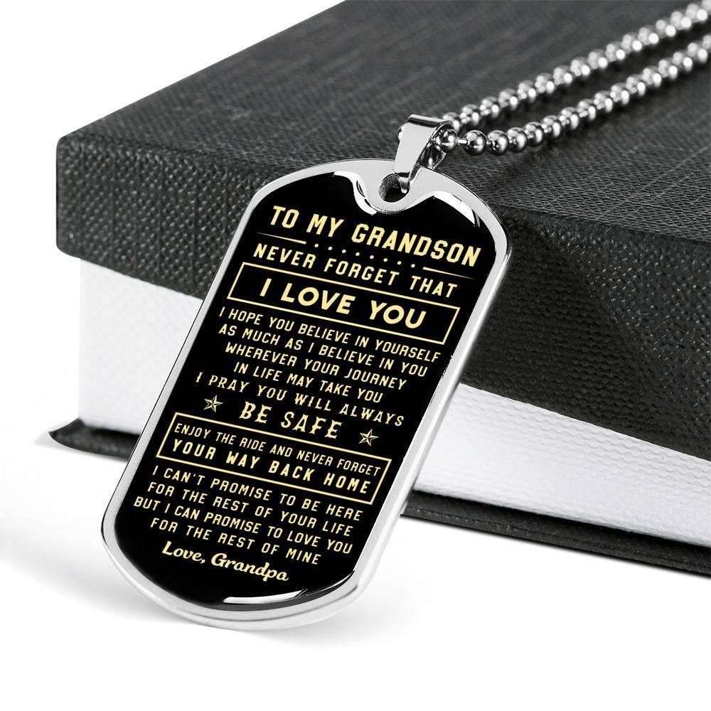 Grandson Dog Tag Custom Picture, Never Forget Your Way Back Home Dog Tag Military Chain Necklace For Grandson Gifts for Grandson Rakva