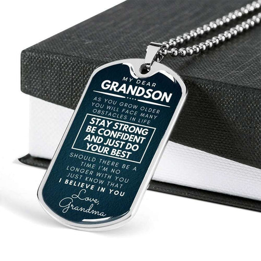 Grandson Dog Tag, Custom Stay Strong Be Confident Dog Tag Military Chain Necklace For Grandson Dog Tag Gifts for Grandson Rakva
