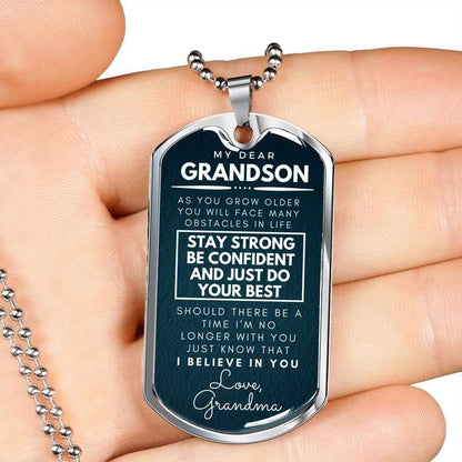 Grandson Dog Tag, Custom Stay Strong Be Confident Dog Tag Military Chain Necklace For Grandson Dog Tag Gifts for Grandson Rakva