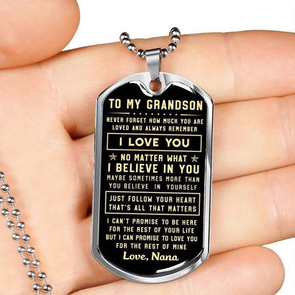 Grandson Dog Tag, Nana Giving Grandson I Believe In You Dog Tag Military Chain Necklace Gifts for Grandson Rakva