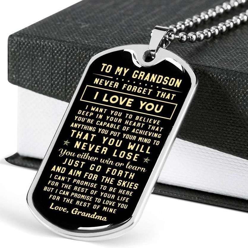 Grandson Dog Tag, Never Forget That I Love You Dog Tag Military Chain Necklace Giving Grandson Gifts for Grandson Rakva