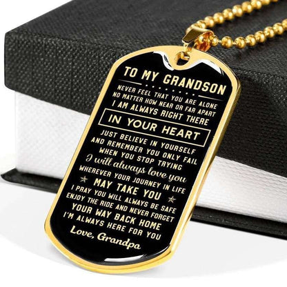 Grandson Dog Tag, Never Forget Your Way Back Home Grandpa Giving Grandson Dog Tag Military Chain Necklace Gifts for Grandson Rakva