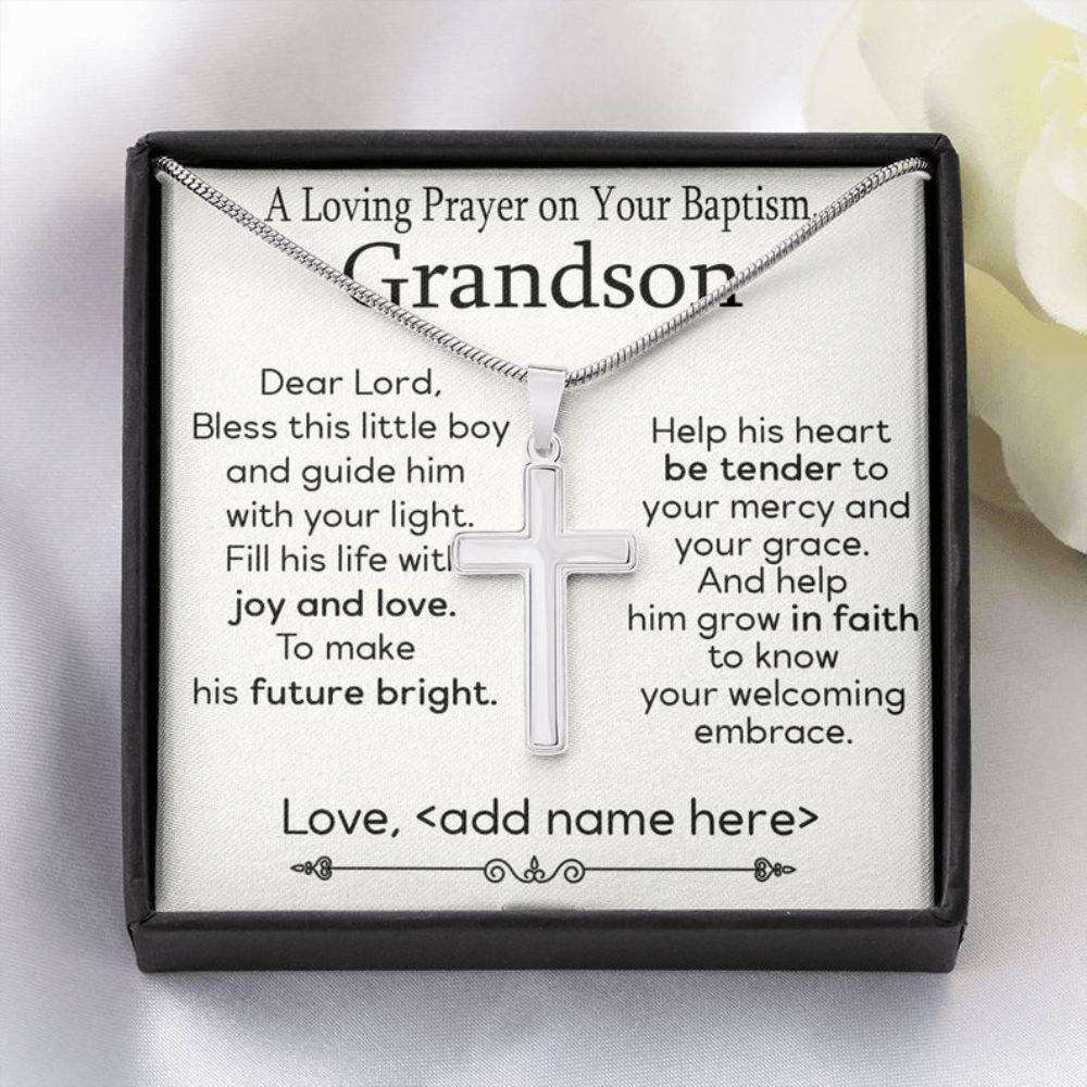 Grandson Necklace, Grandson Baptism Gift Cross Jewelry, Christening Gift For Grandson, Cross Necklace Custom Baptism On Card Gifts for Grandson Rakva