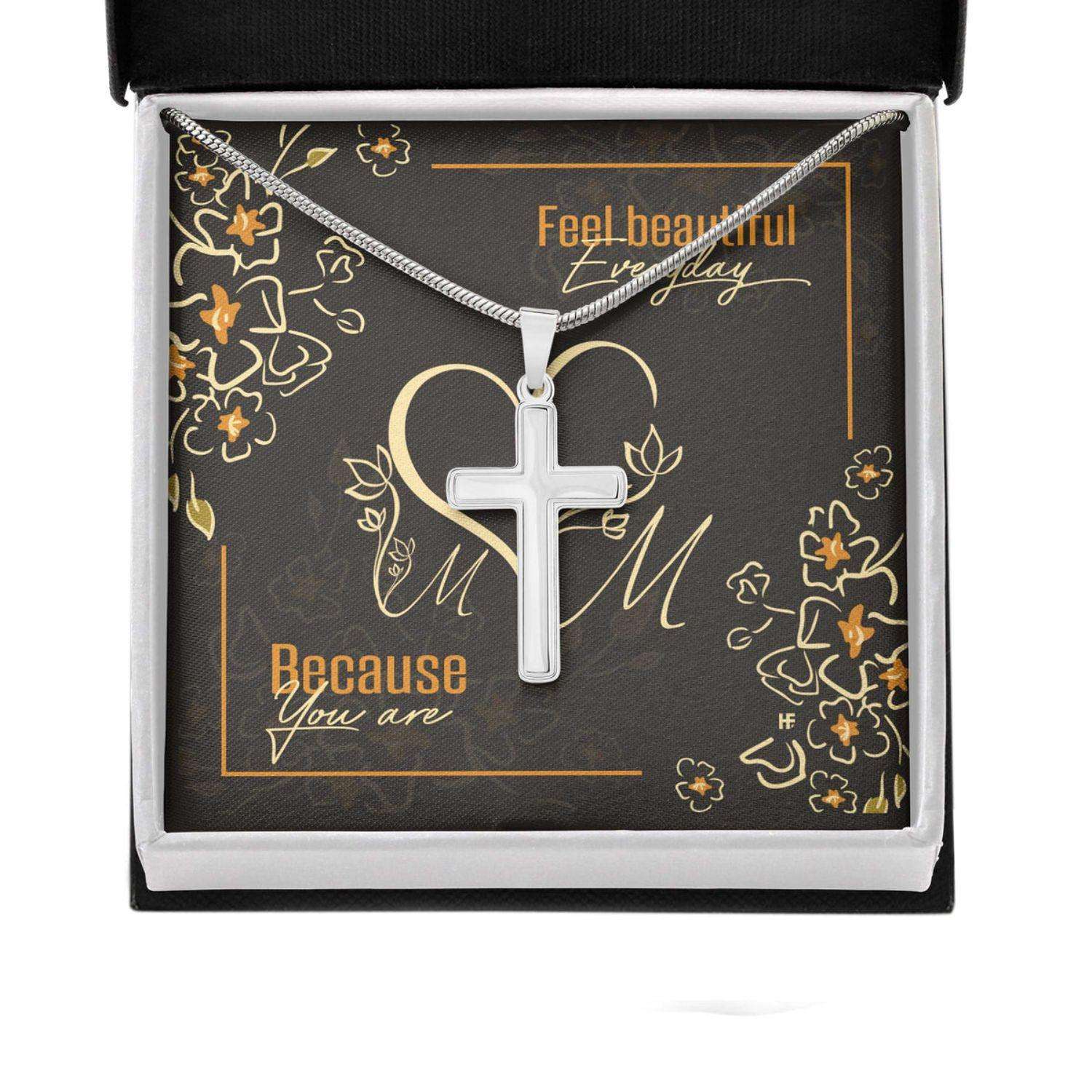 Mom Necklace, Gift For Mother’S Day Feel Beautiful Everyday, Vintage Message Card Cross Necklace Gifts for Mother (Mom) Rakva