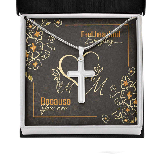 Mom Necklace, Gift For Mother’S Day Feel Beautiful Everyday, Vintage Message Card Cross Necklace Gifts for Mother (Mom) Rakva