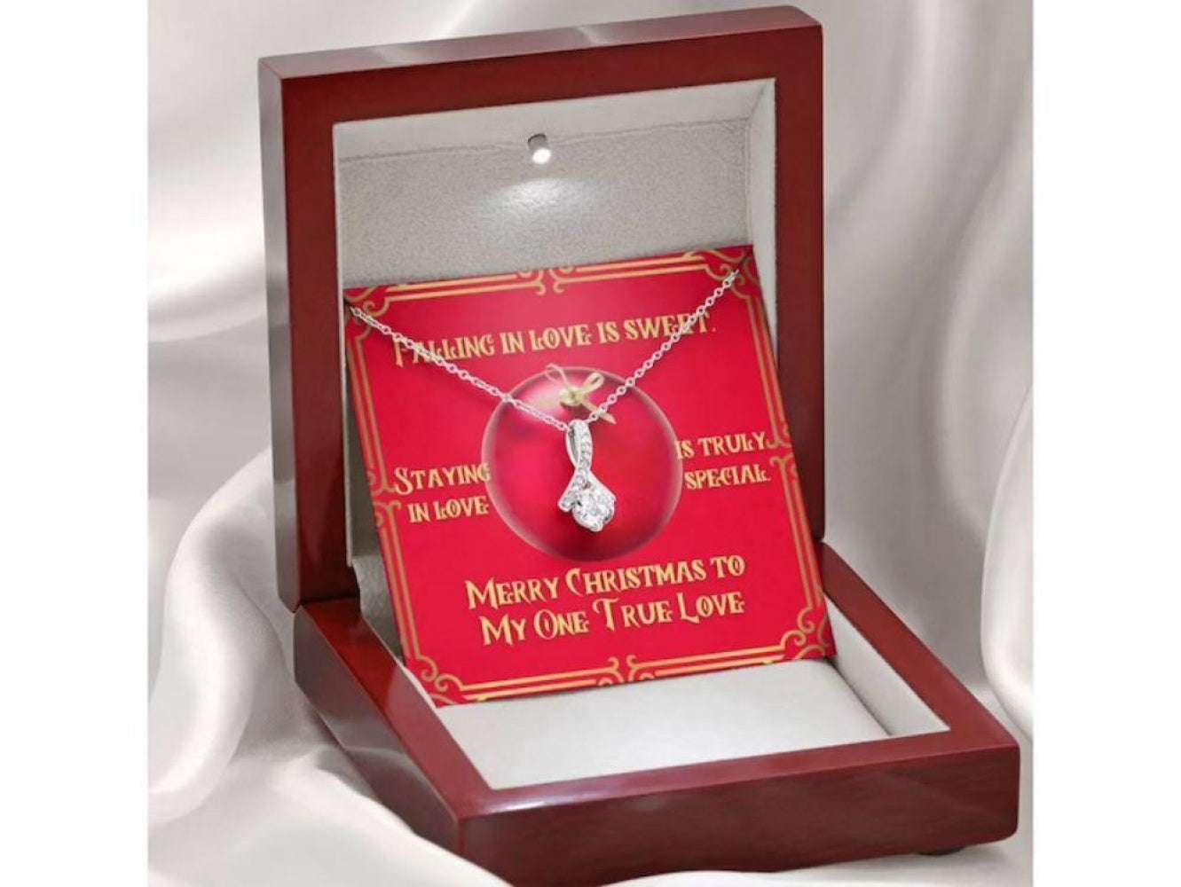 One True Love Necklace, Christmas Sparkle Ribbon White Gold Cz Necklace Rakva