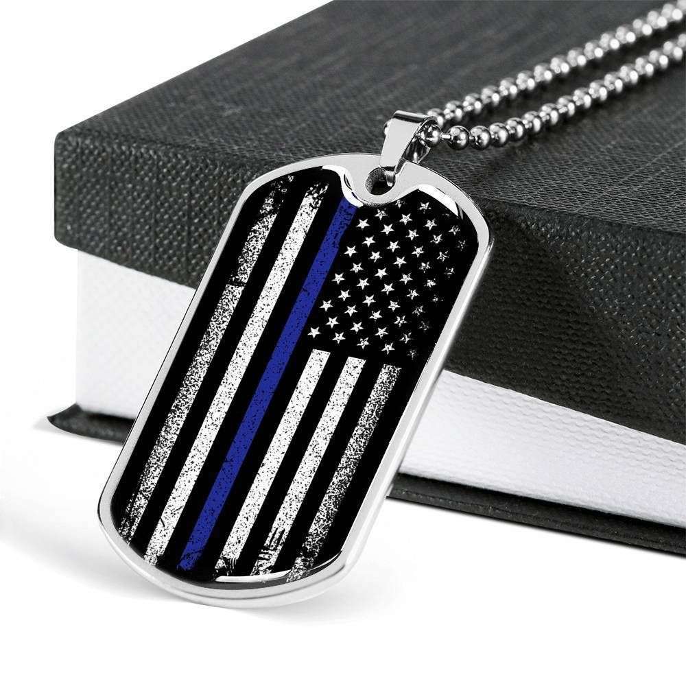 Police Officer Thin Blue Line Dog Tag Military Chain Necklace Rakva