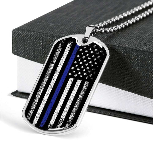 Police Officer Thin Blue Line Dog Tag Military Chain Necklace Rakva