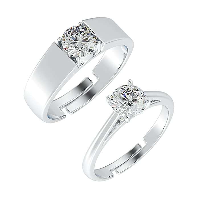 Rakva Couple Zirconia 92.5 Sterling Silver Round Solitaire Rings Gift For Male And Female For Self Rakva