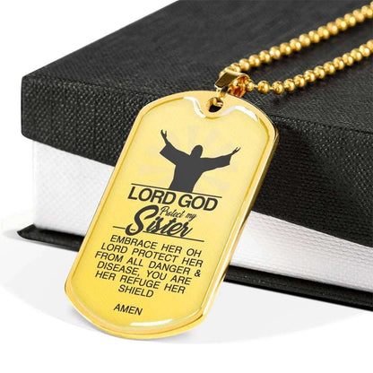 Sister Dog Tag, Custom Lord God Protect My Sister Dog Tag Military Chain Necklace Dog Tag Gifts for Sister Rakva