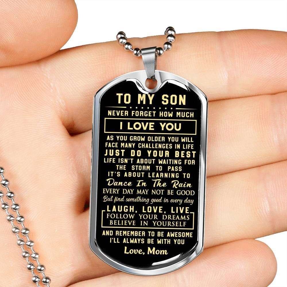 Son Dog Tag, Custom Picture Mom Giving Son Dog Tag Military Chain Necklace Just Do Your Best Dog Tag Rakva