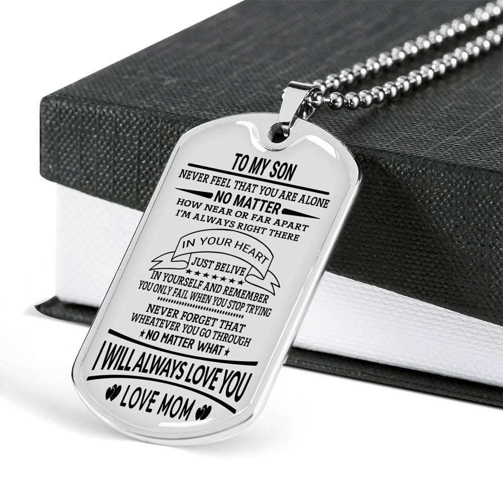 Son Dog Tag Custom Picture, Never Feel That You Are Alone Dog Tag Military Chain Necklace For Son Gifts For Son Rakva