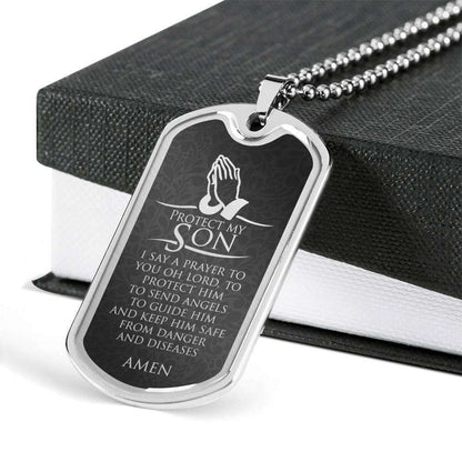 Son Dog Tag Custom Picture, Protect My Son- Dog Tag Military Chain Necklace Gifts For Son Rakva