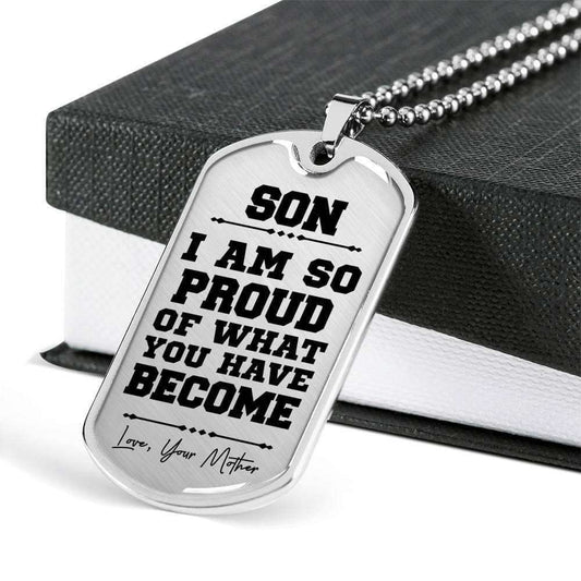 Son Dog Tag Custom Picture, Proud Of What You’Ve Become Silver Dog Tag Military Chain Necklace Mother Gift For Son Gifts For Son Rakva