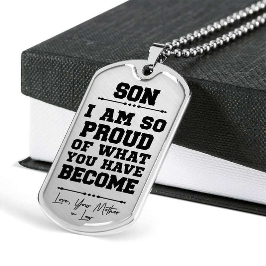 Son Dog Tag Custom Picture, Proud Of What You’Ve Become Silver Dog Tag Military Chain Necklace Mother-In-Law Gift For Son Gifts For Son Rakva