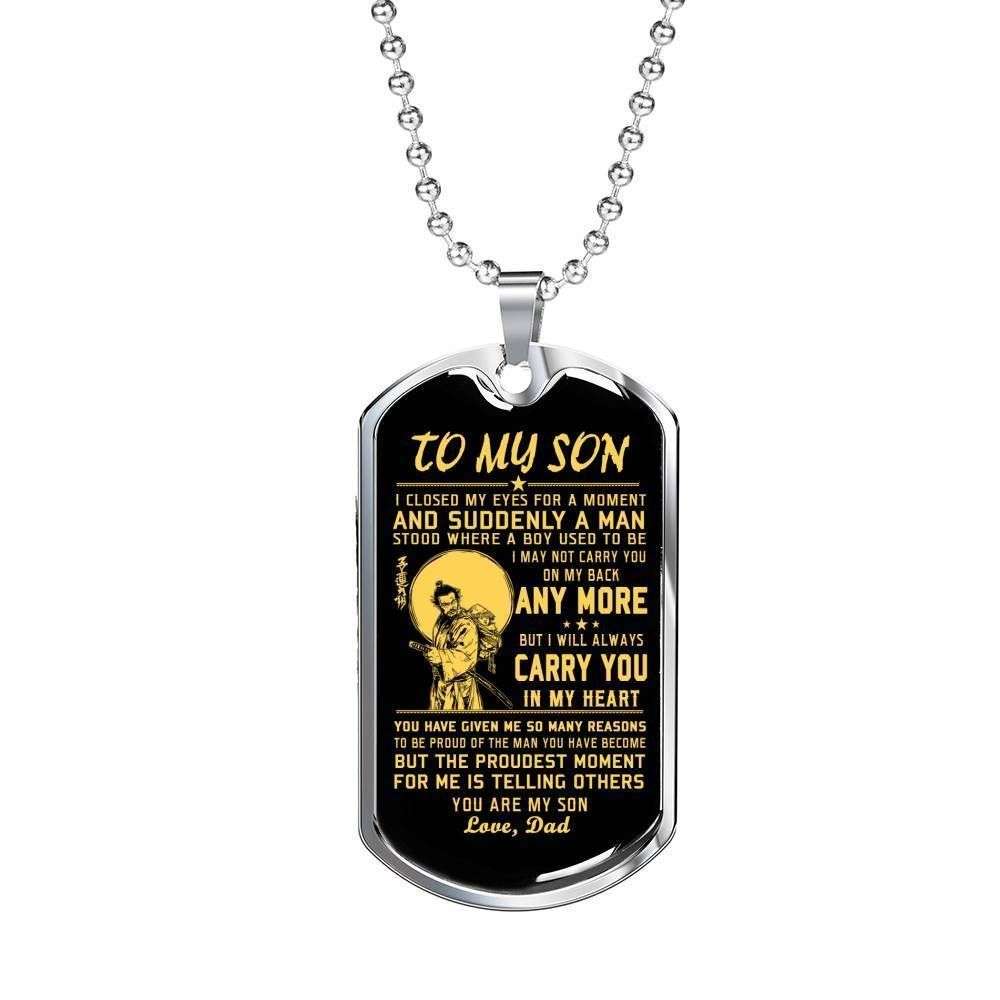 Son Dog Tag Custom Picture, Samurai Dad Giving Son I’Ll Always Carry You Dog Tag Military Chain Necklace Gifts For Son Rakva