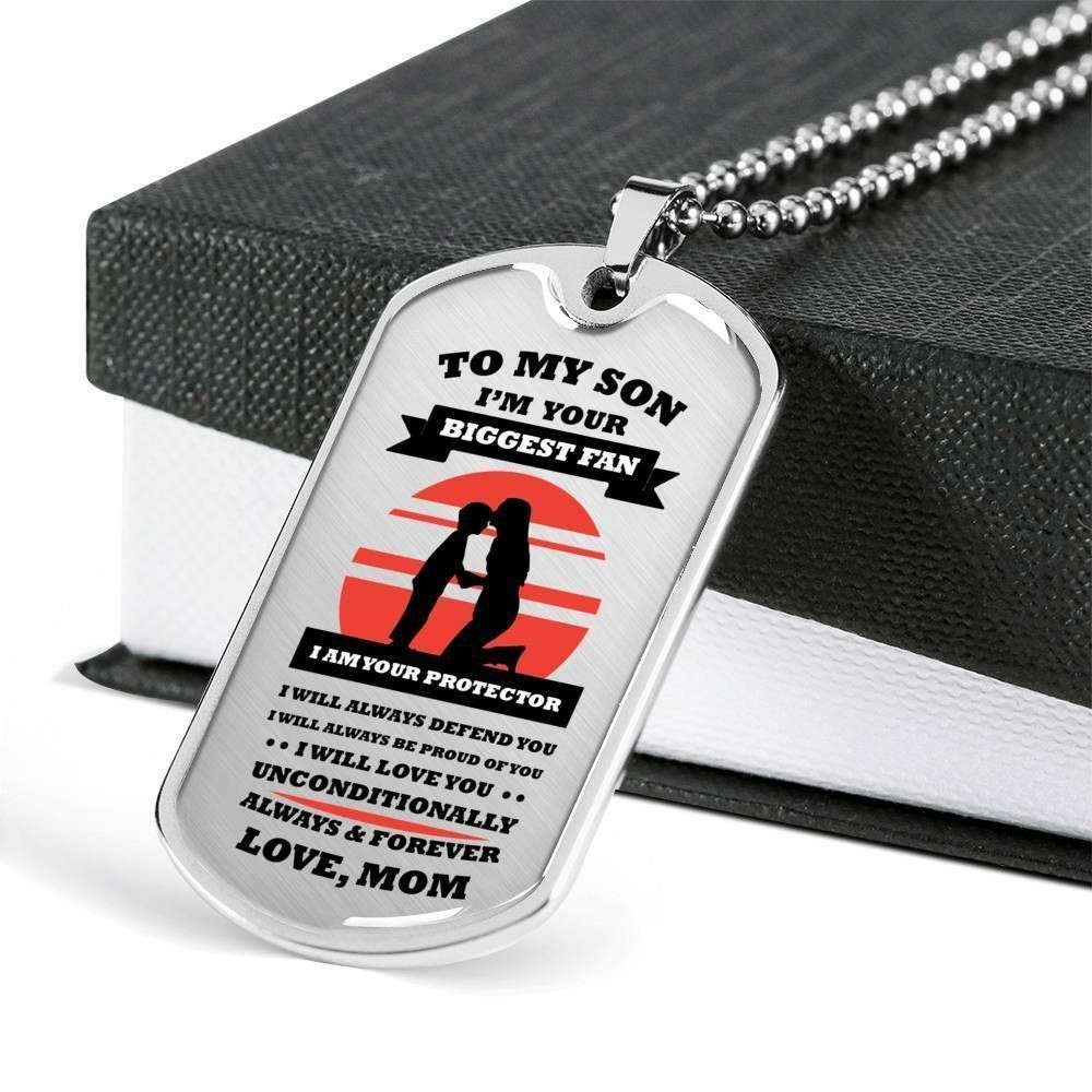 Son Dog Tag, Mom Gift For Son Dog Tag Military Chain Necklace Stainless Silver Necklace I’M Your Biggest Fan And Protector Gifts For Son Rakva