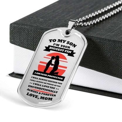 Son Dog Tag, Mom Gift For Son Dog Tag Military Chain Necklace Stainless Silver Necklace I’M Your Biggest Fan And Protector Gifts For Son Rakva