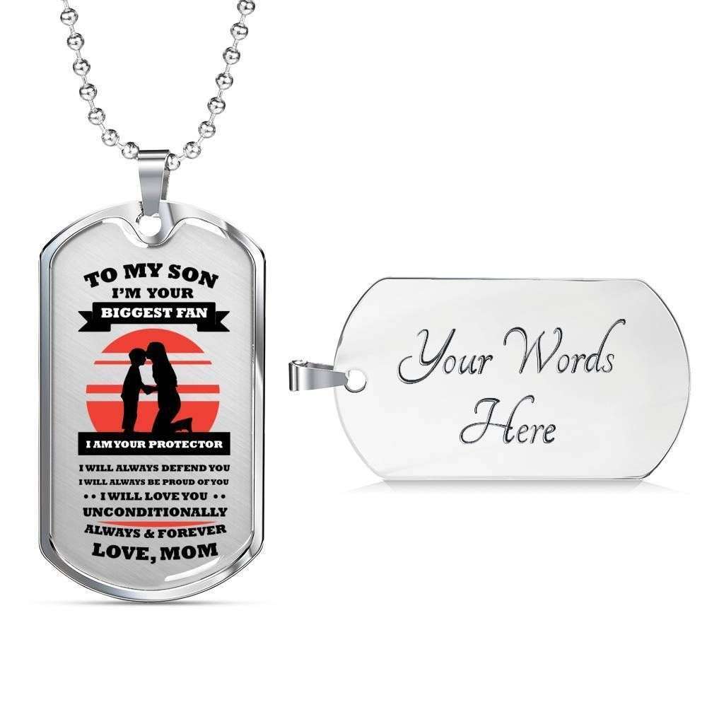 Son Dog Tag, Mom Gift For Son Dog Tag Military Chain Necklace Stainless Silver Necklace I’M Your Biggest Fan And Protector Gifts For Son Rakva
