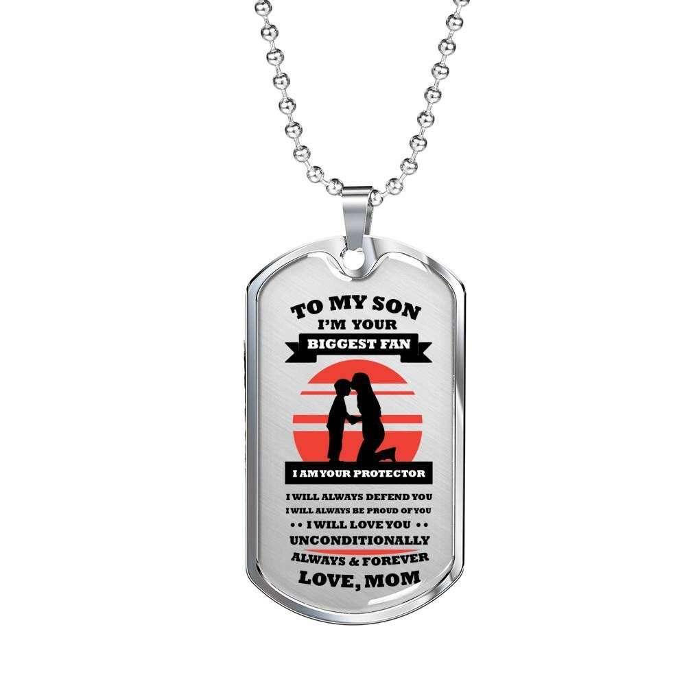 Son Dog Tag, Mom Gift For Son Dog Tag Military Chain Necklace Stainless Silver Necklace I’M Your Biggest Fan And Protector Gifts For Son Rakva