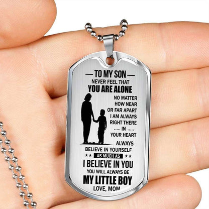 Son Dog Tag, Mom Gift For Son Dog Tag Military Chain Necklace Stainless Silver Necklace Never Feel That You’Re Alone Gifts For Son Rakva