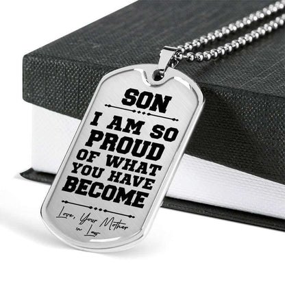 Son Dog Tag, Proud Of What You’Ve Become Silver Dog Tag Military Chain Necklace Mother-In-Law Gift For Son Gifts For Son Rakva