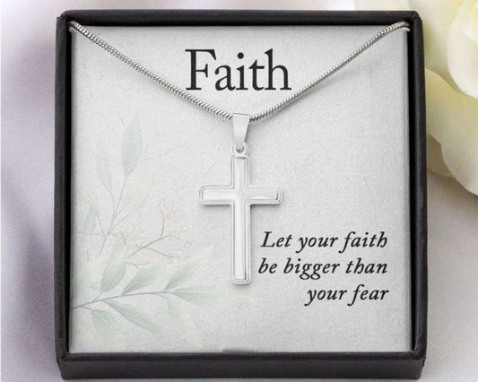 Son Necklace, Christian Gift, Faith Cross Necklace, Faith Bigger Than Fear Quote Rakva