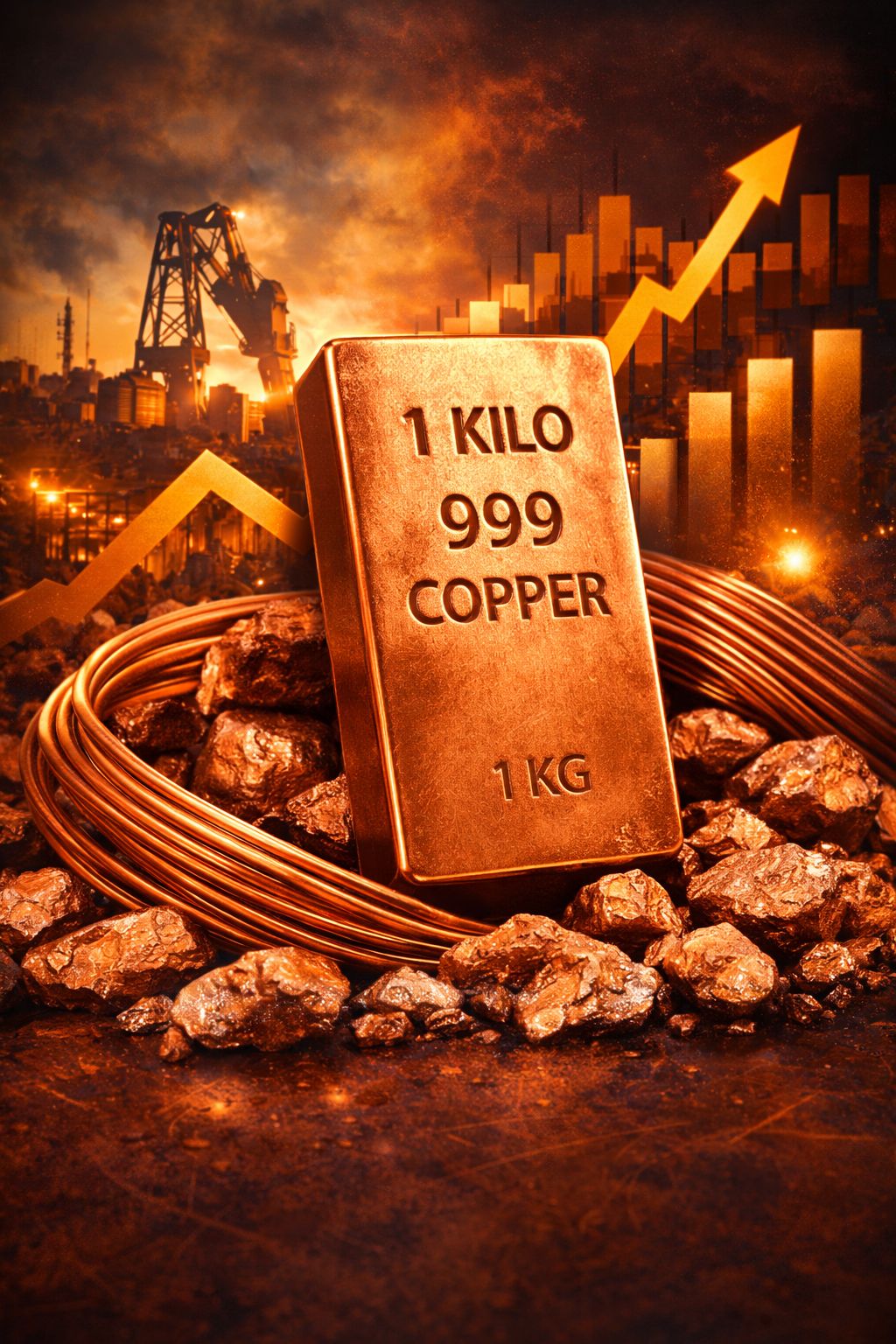 Copper bar with '1 Kilo 999 Copper' text, surrounded by copper wire and rocks, with a cityscape and graph in the background.