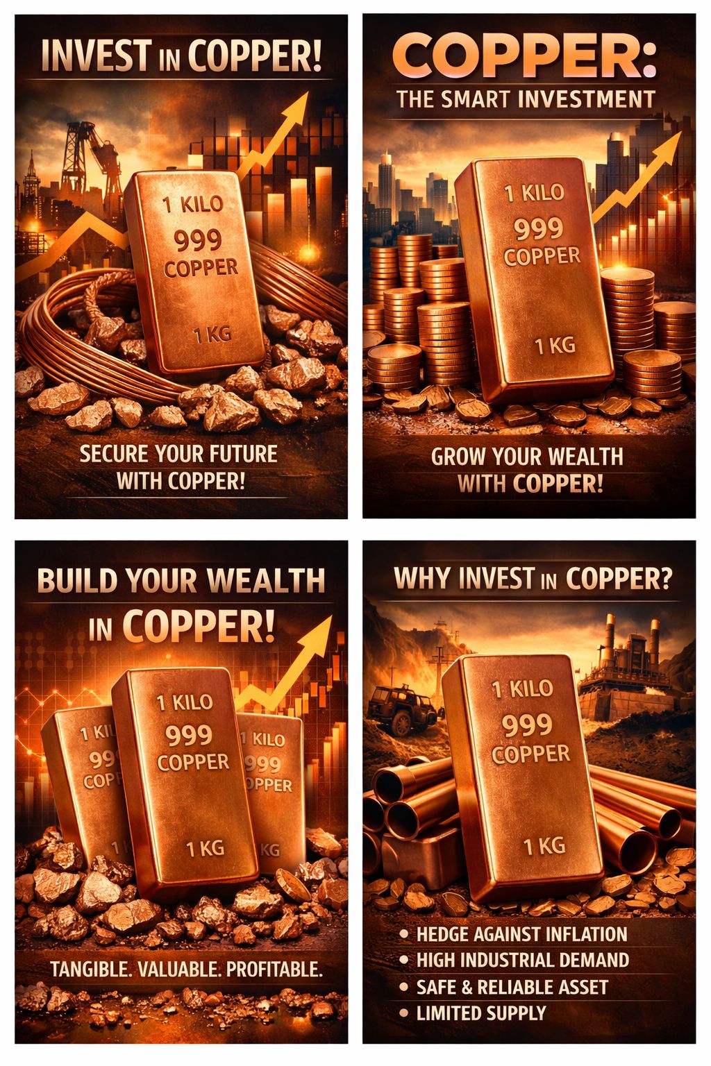 Four promotional posters for investing in copper, featuring gold bars and mining imagery.