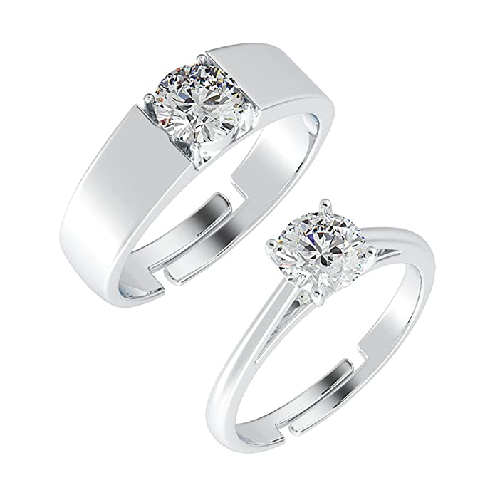 Rakva Couple Zirconia 92.5 Sterling Silver Round Solitaire Rings Gift For Male And Female Rakva
