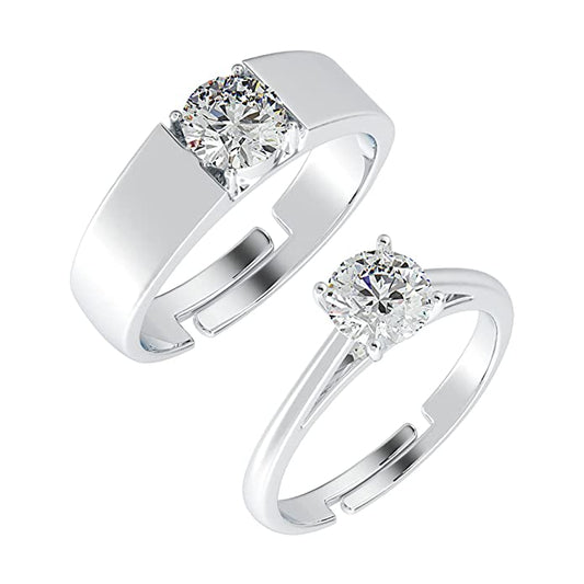 Rakva Couple Zirconia 92.5 Sterling Silver Round Solitaire Rings Gift For Male And Female