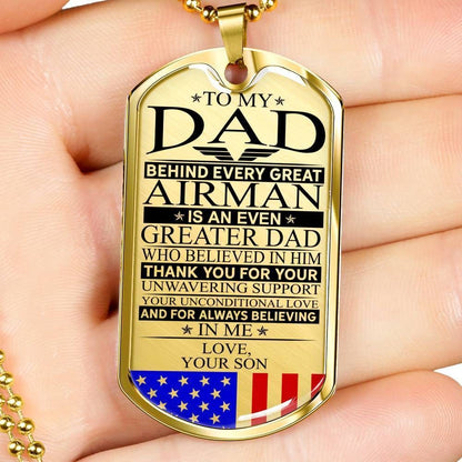 Dad Dog Tag Father’S Day Gift, Custom Airman’S Dad Unconditional Love Dog Tag Military Chain Necklace Dog Tag