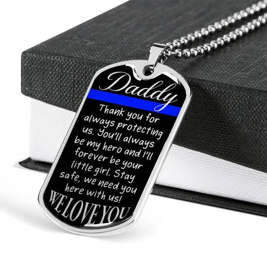 Dad Dog Tag, Personalized Police Dad Gift From Daughter, Thin Blue Line Engraved Necklace