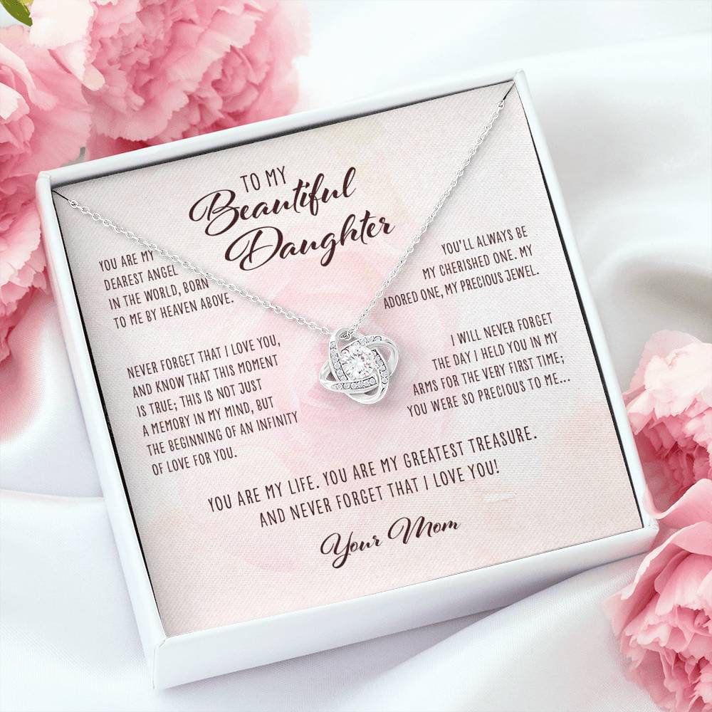 Daughter Necklace, Dearest Angel In The World Mom To Daughter Gift “ Love Knot Necklace
