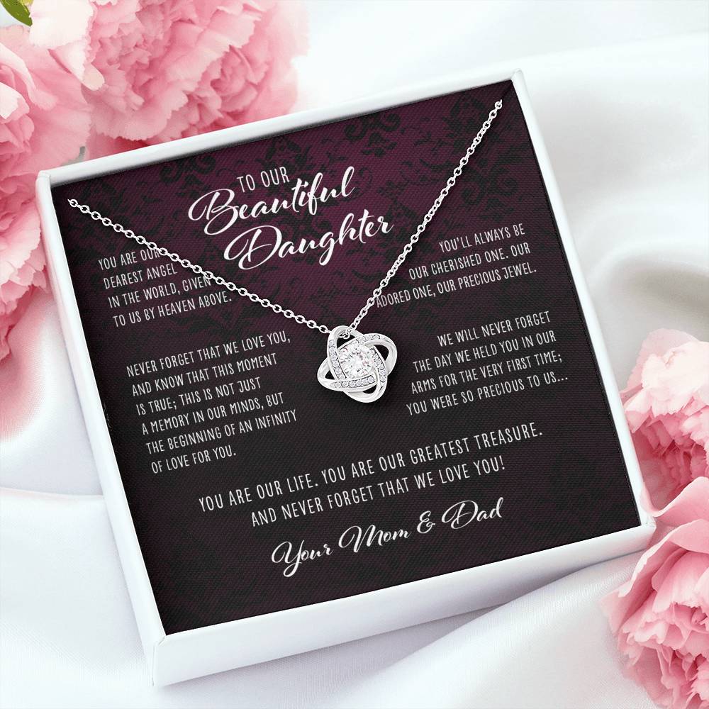 Daughter Necklace, Dearest Angel In The World Parents To Daughter Gift “ Love Knot Necklace
