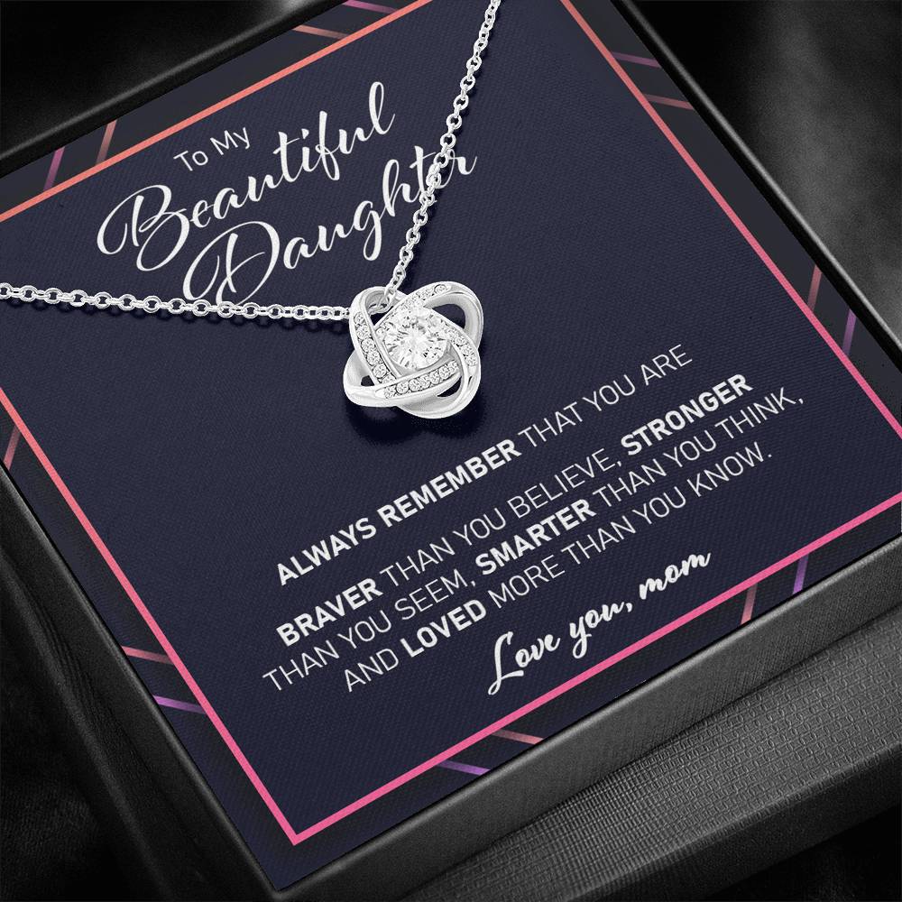 Daughter Necklace, To My Daughter Gift From Mom “ Loved More Than You Know Love Knot Necklace