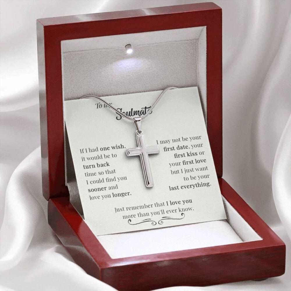 Girlfriend Necklace, To My Soulmate Jewelry For Men, Cross Pendant Necklace For Him, 14K White Gold Cross Pendant Necklace For Men