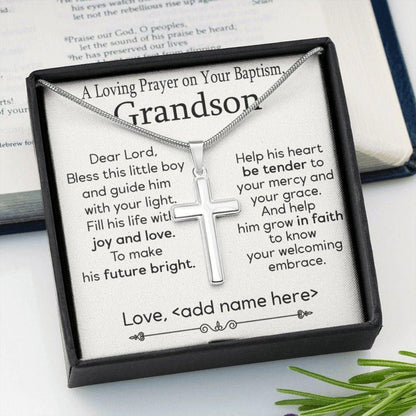 Grandson Necklace, Grandson Baptism Gift Cross Jewelry, Christening Gift For Grandson, Cross Necklace Custom Baptism On Card