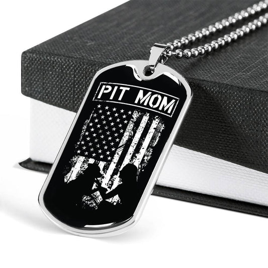 Mom Dog Tag Custom Mother's Day Gift, Pit Mom Black White American Flag Dog Tag Military Chain Necklace For Pitbull Lovers