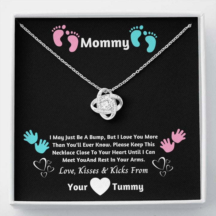 MOM NECKLACE, LOVE KISSES AND KICKS FROM LOVE KNOT NECKLACE TUMMY GIFT FOR MOM