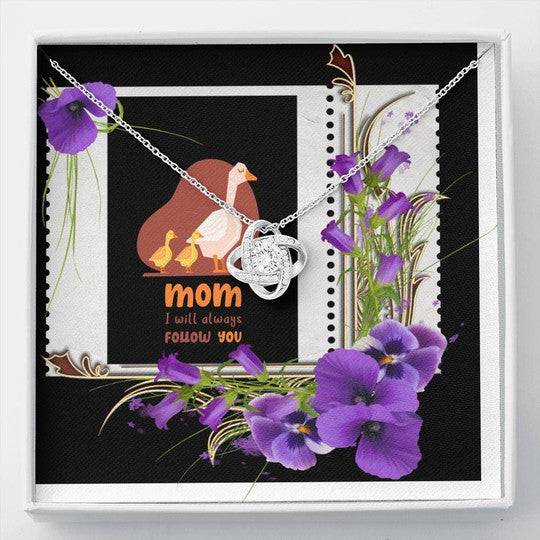 MOM NECKLACE, MOM I WILL ALWAYS FOLLOW YOU DUCKS WITH ORCHID LOVE KNOT NECKLACE FOR MOM