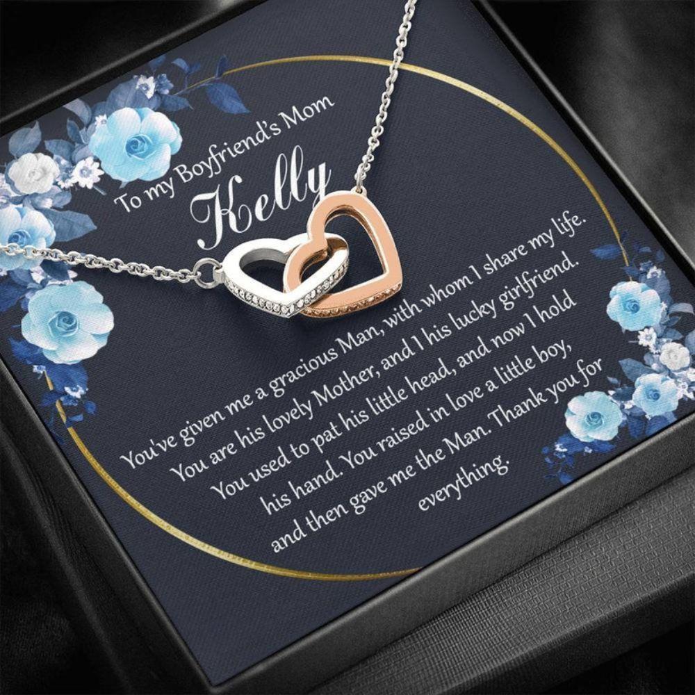 Mother In Law Necklace, Boyfriends Mom Mother's Day Necklace On Card, Boyfriends Mom Gift, Custom Name Interlock Heart Necklace, Boyfriend Mom Gift