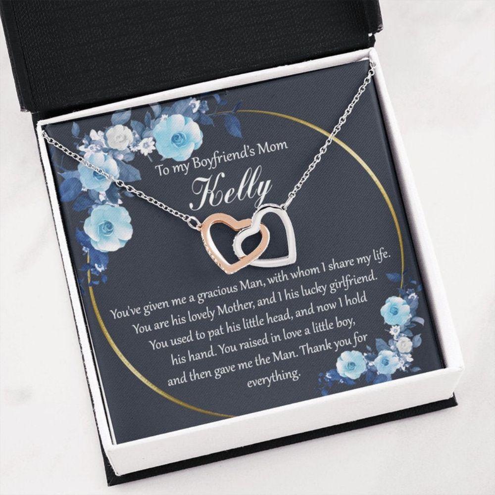 Mother In Law Necklace, Boyfriends Mom Mother’S Day Necklace On Card, Boyfriends Mom Gift, Custom Name Interlock Heart Necklace, Boyfriend Mom Gift