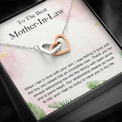 Mother-In-Law Necklace, TO THE BEST MOTHER IN LAW "WARM HEART-PB" INTERLOCKING HEARTS NECKLACE GIFT